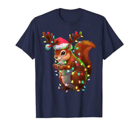 Christmas Squirrel Lights Santa Hat Xmas Family Men Women T-Shirt
