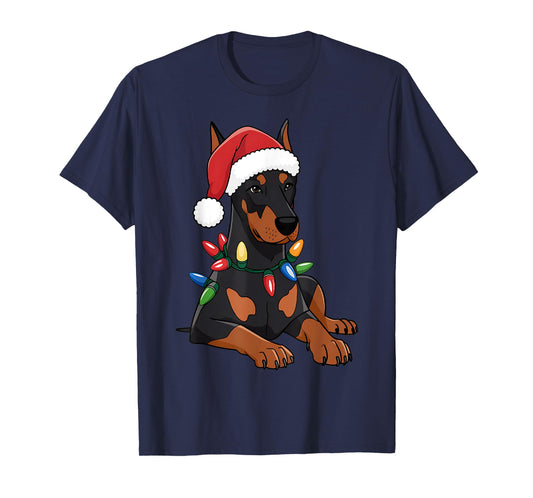 Doberman Santa Christmas Lights Dog Lover Xmas Men Women T-Shirt