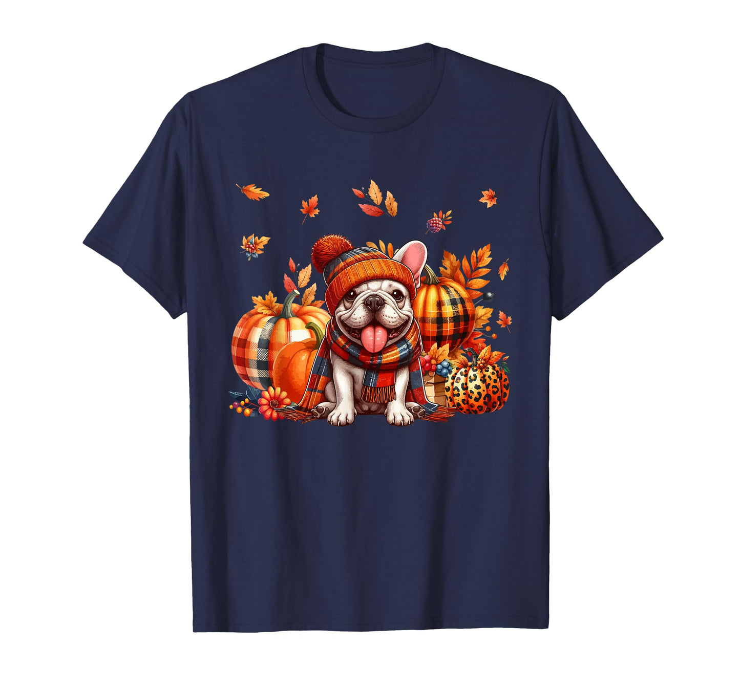 French Bulldog Thanksgiving Leopard Pumpkins Fall Leaves T-Shirt