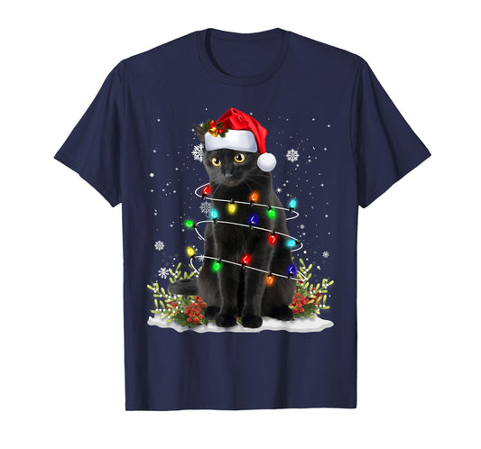 Black Cat Christmas Santa Hat Funny Meowy Cats Women Men T-Shirt
