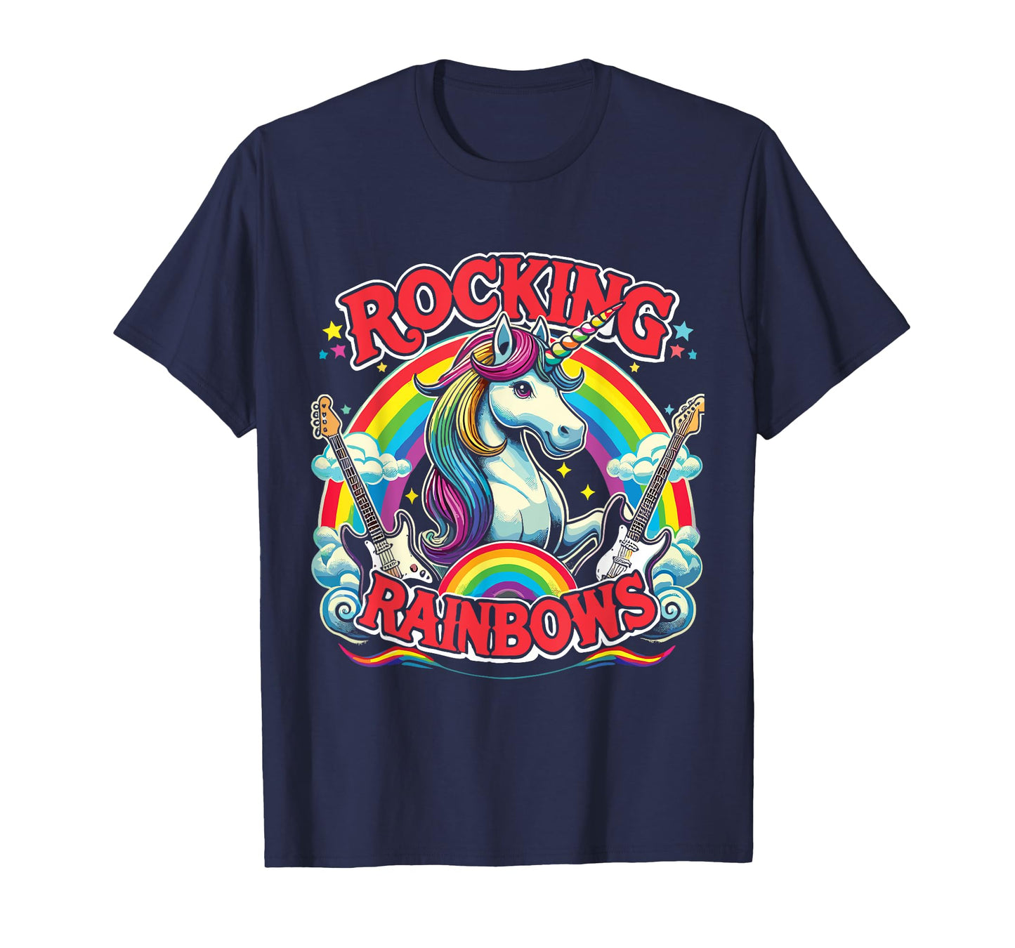 Rock Star Rock And Roll Rocking Rainbows Unicorn Guitar T-Shirt