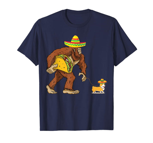 Bigfoot Steal Taco Corgi Dog Sombrero Cinco de Mayo Graphic Men Women Kids T-Shirt
