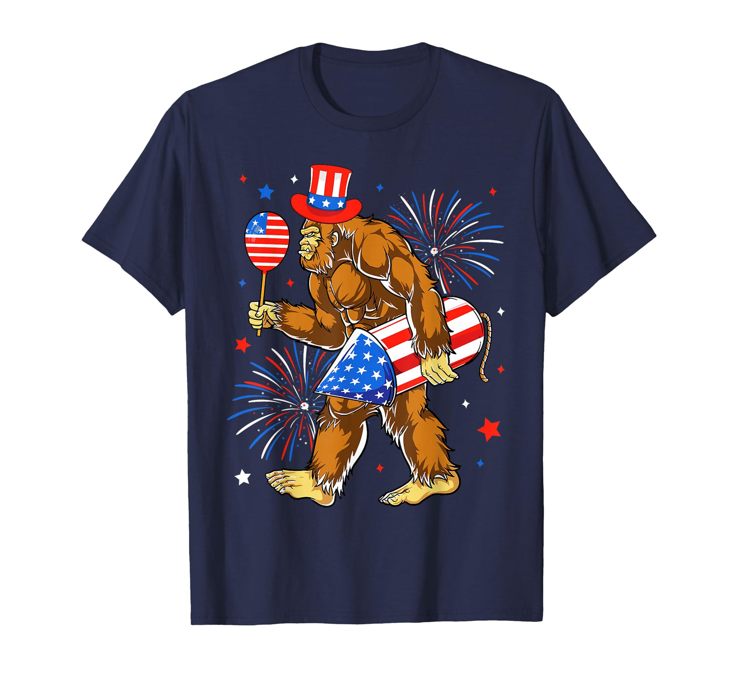 Bigfoot Firework American Flag Bigfoot 4th of July Sasquatch T-Shirt
