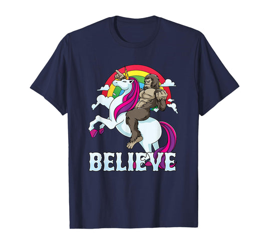 Bigfoot Riding Unicorn Believe Sasquatch Faith Rainbow T-Shirt