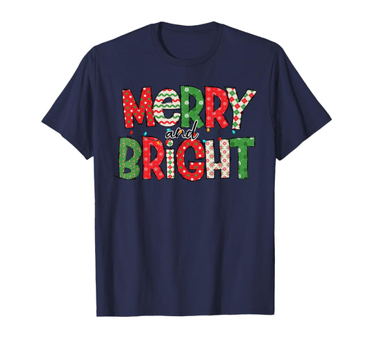 Merry And Bright Christmas Pajama Lights Santa Hat Xmas 2024 T-Shirt