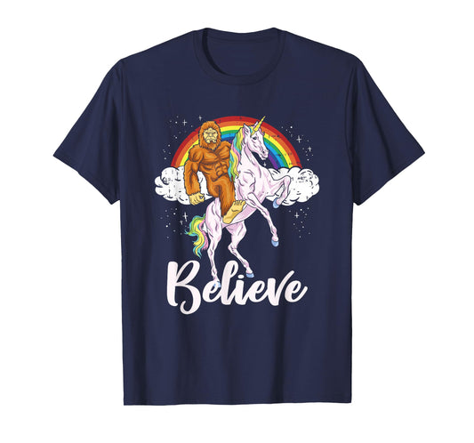 Bigfoot Riding Unicorn Believe Yeti Sasquatch Rainbow T-Shirt