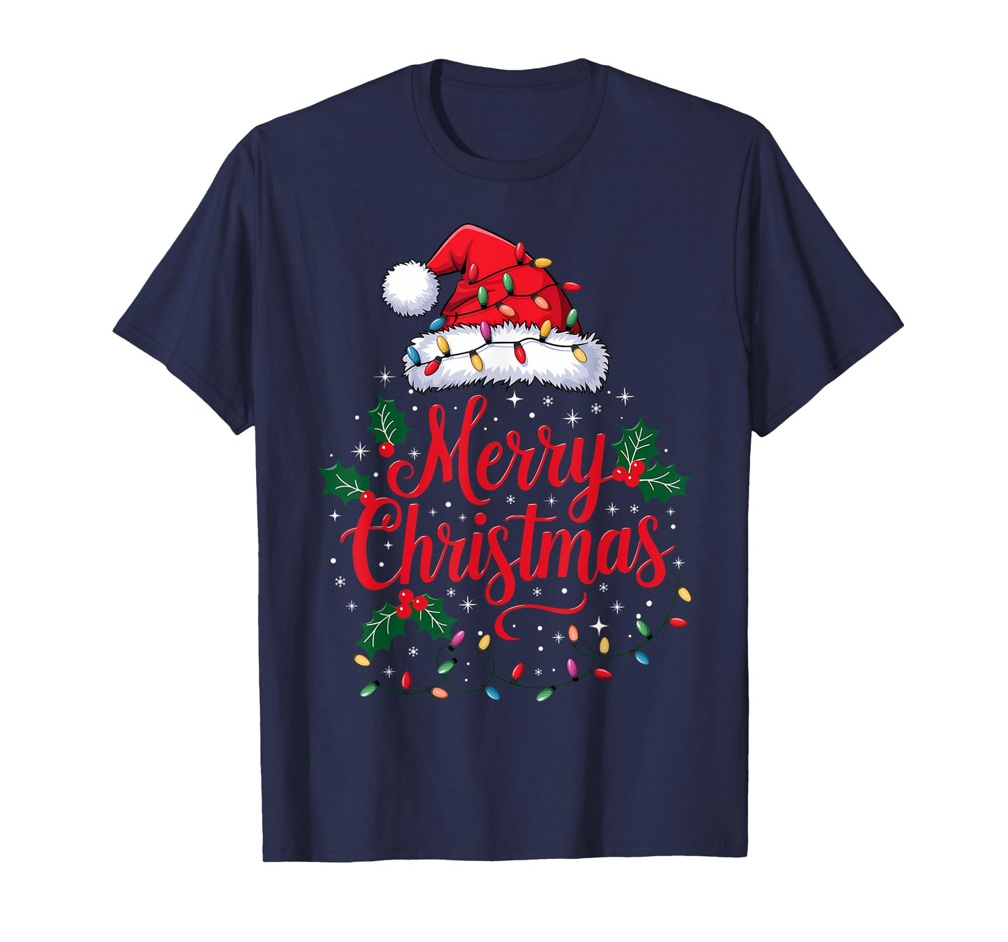 Merry Christmas Lights Red Santa Hat Xmas Family Men Women T-Shirt