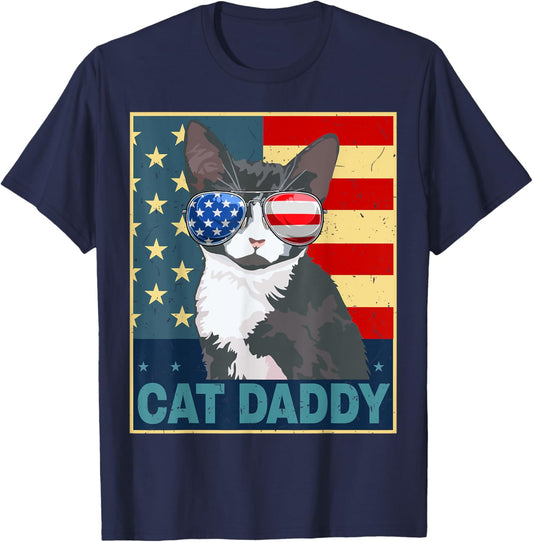 Mens Tuxedo Cat Daddy Dad Father Day Gift American Flag 4th July T-Shirt