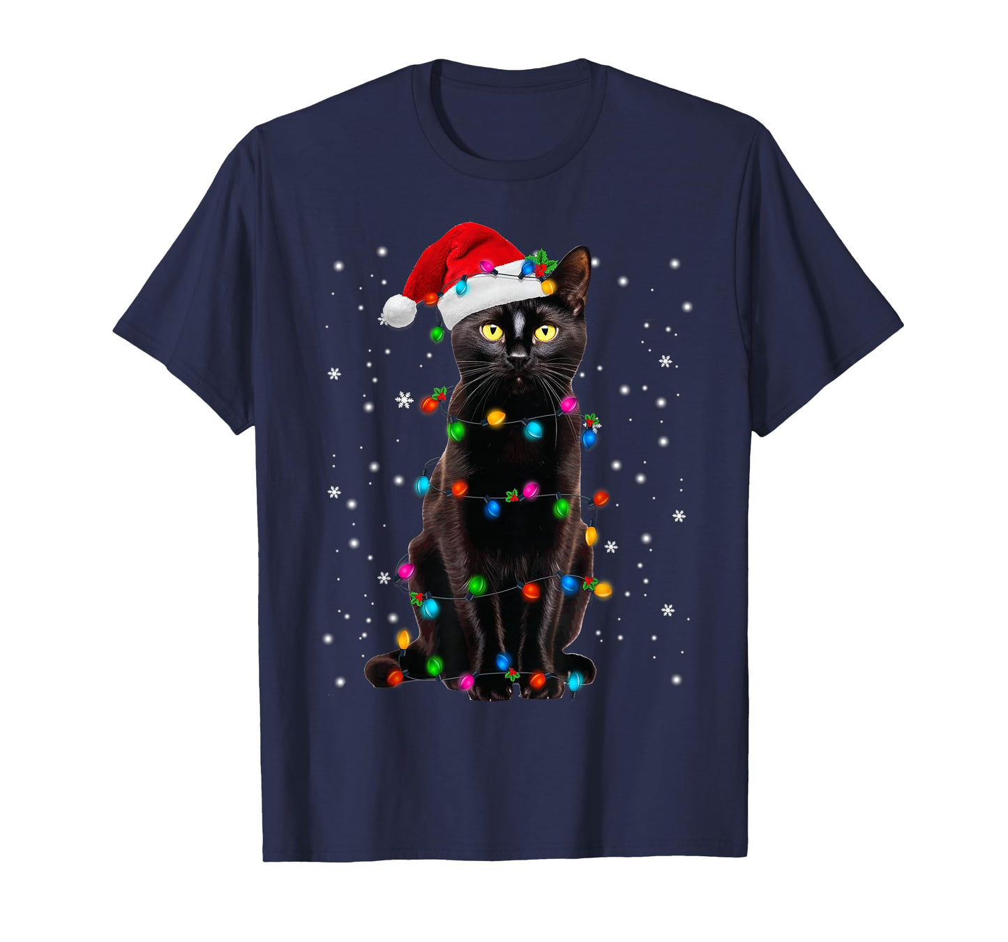 Black Cat Christmas Lights Santa Funny Cat Dad Mom Xmas T-Shirt