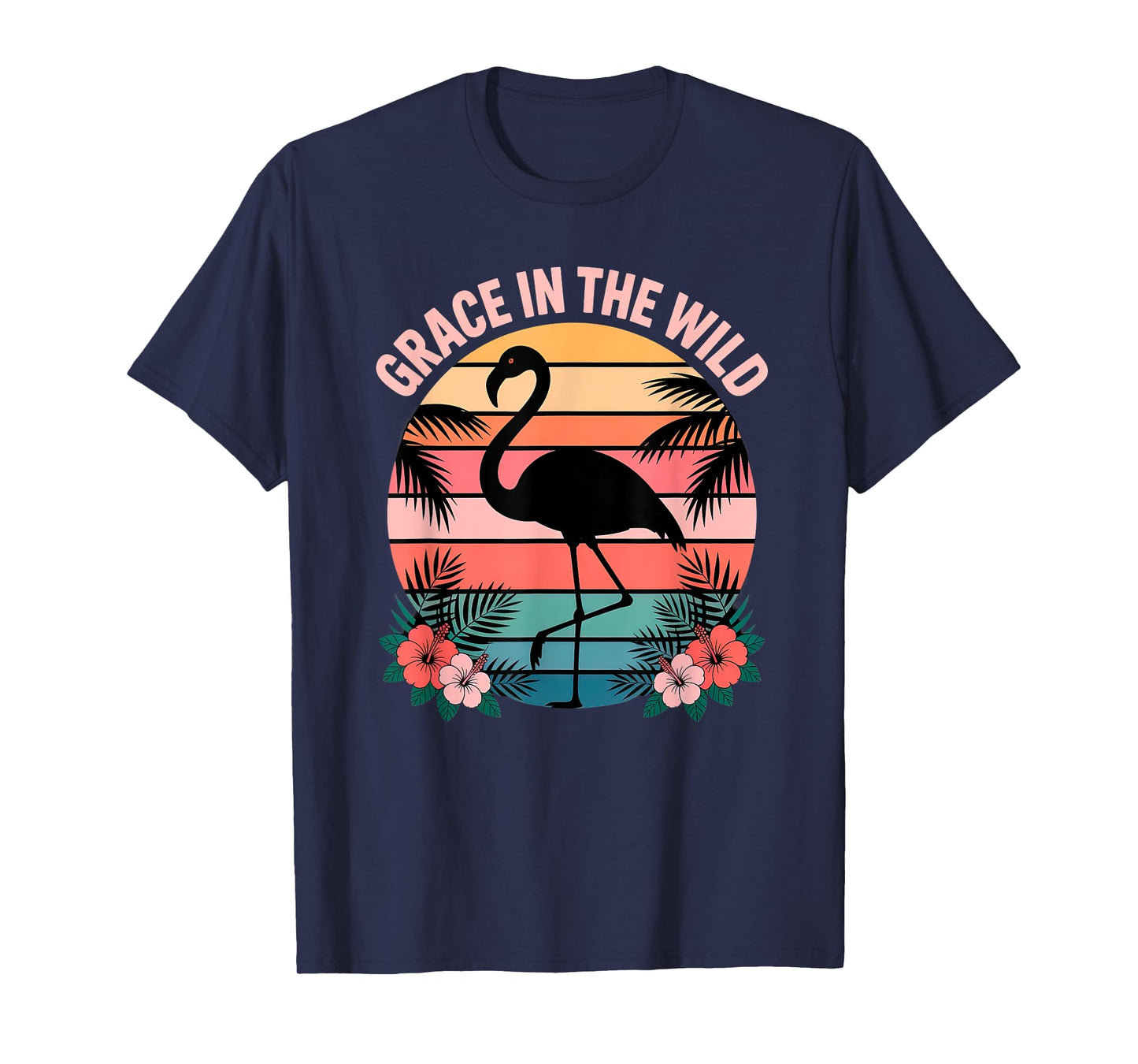 Flamingo with Sunset Colors and Flowers in Nature Scene T-Shirt