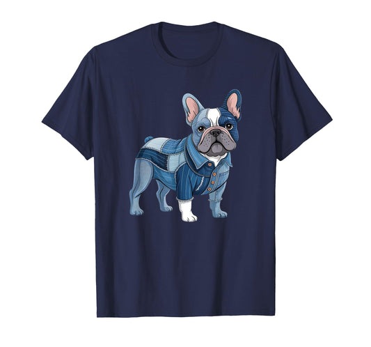 Bulldog Pattern Patchwork Art French Bulldog In Denim Dog T-Shirt