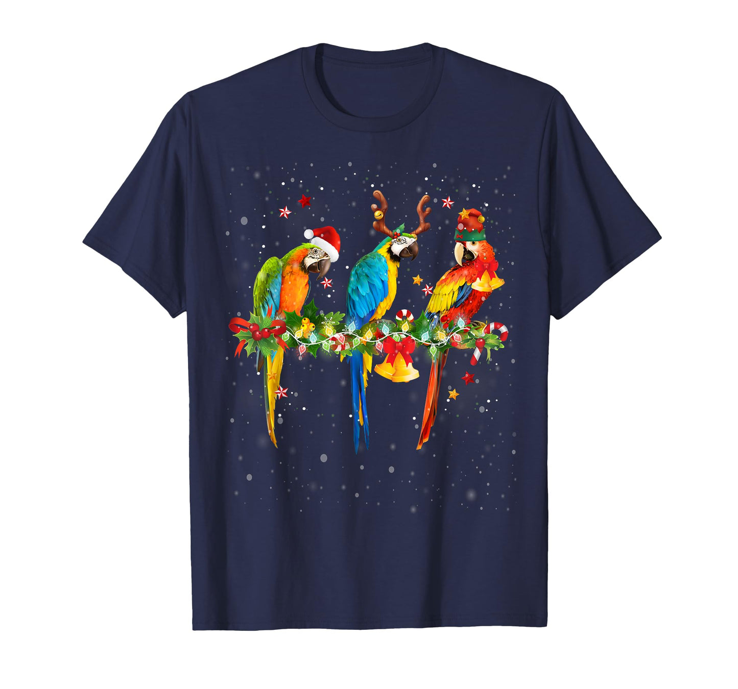 Colorful Christmas Parrots Santa Reindeer Elf Hat Funny T-Shirt