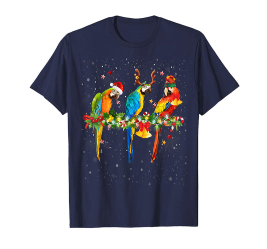 Colorful Christmas Parrots Santa Reindeer Elf Hat Funny T-Shirt
