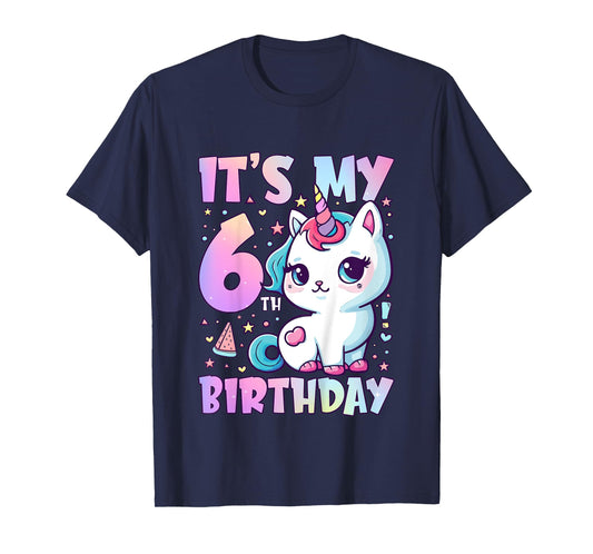 6th Birthday Shirt Girl Six 6 Year Old Cat Unicorn Birthday T-Shirt