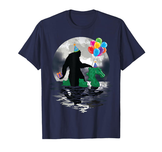 Funny Bigfoot Riding Loch Ness Monster Birthday Celebration T-Shirt