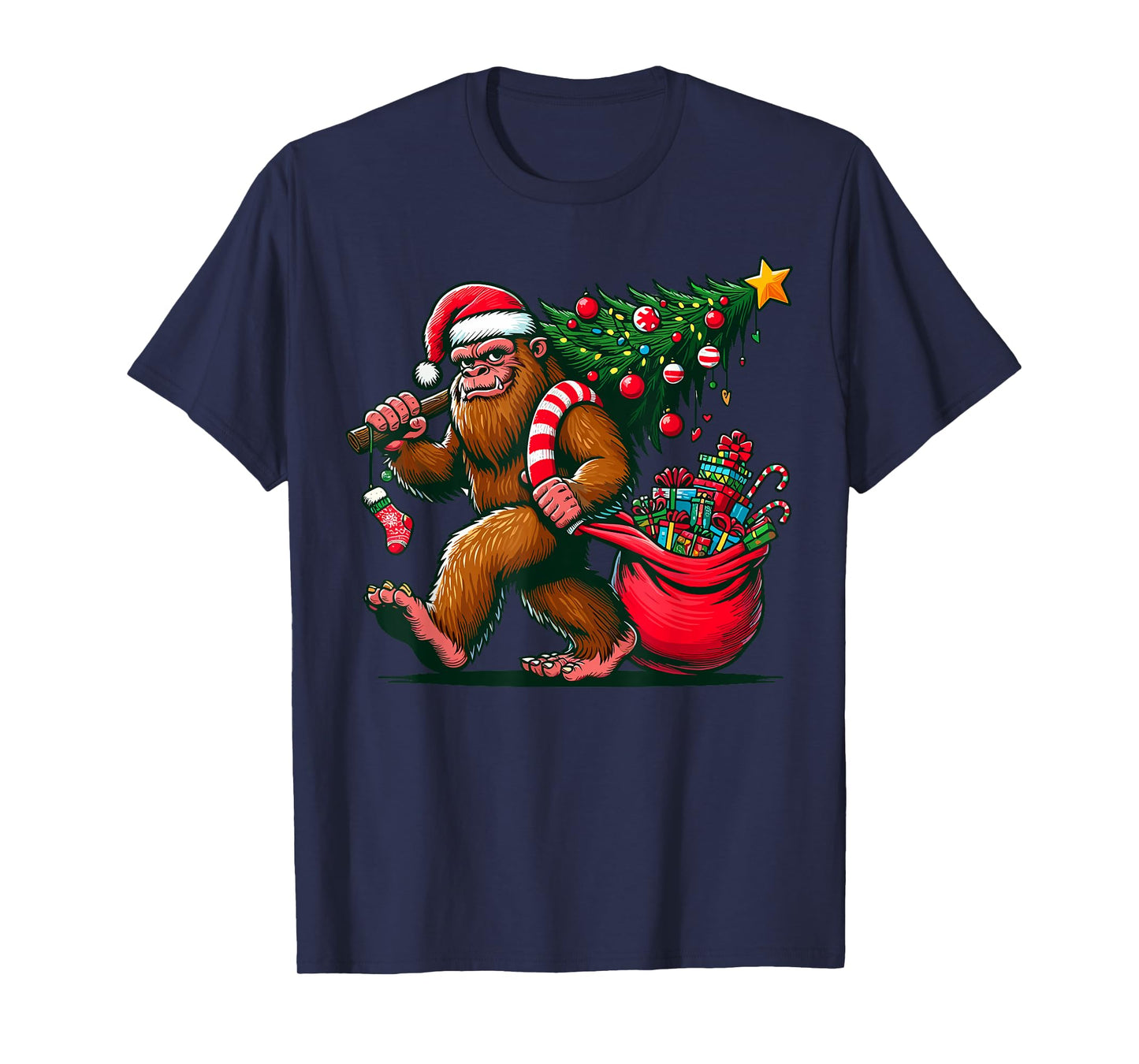 Bigfoot Christmas Tree Lights Xmas Sasquatch T-Shirt - Unisex-Adults, Kids - Blue - Small - Short Sleeve - T-Shirt - Cartoon Pattern - Winter