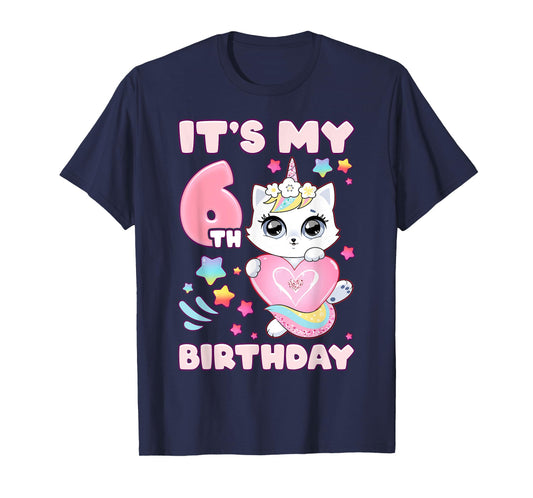 Birthday girl 6 years old, cat, unicorn, 6th birthday T-Shirt