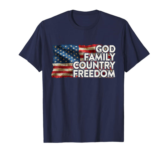 God Family Country Freedom 4th July USA Flag Christian T-Shirt