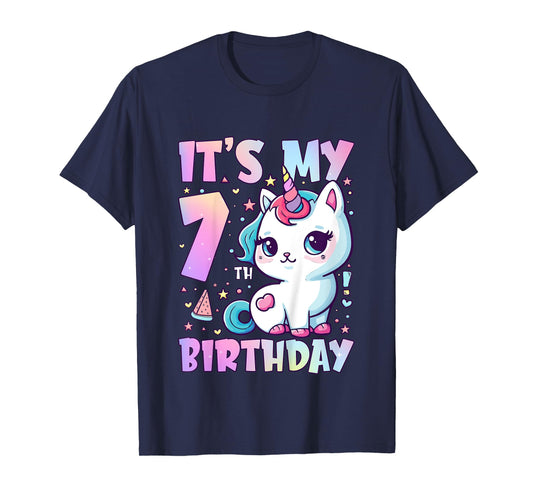 7th Birthday Shirt Girl Seven Year Old Cat Unicorn Birthday T-Shirt