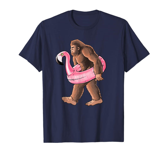 Bigfoot Carrying a Pink Flamingo Pool Floaty Summertime T-Shirt