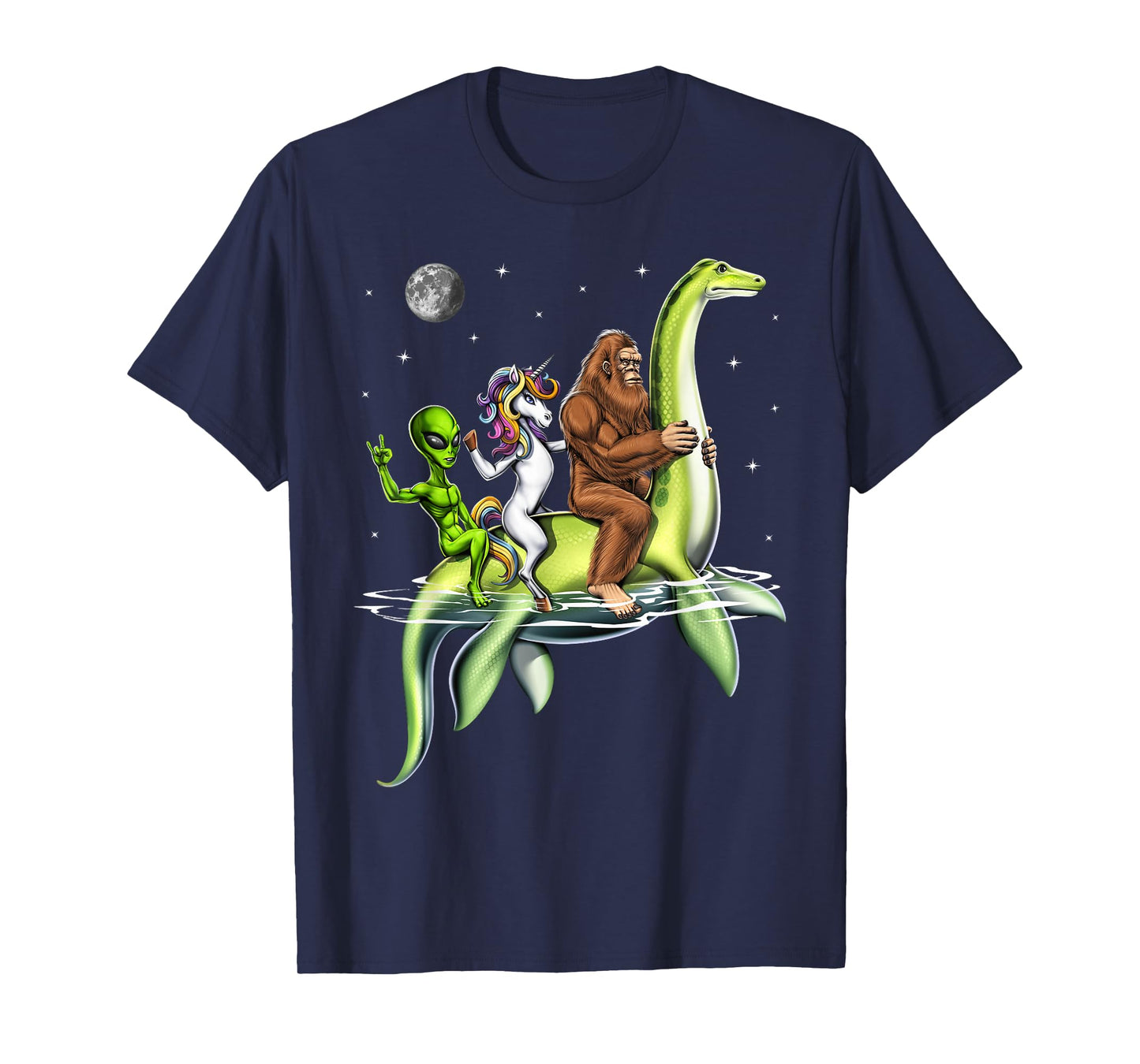 Cryptids Bigfoot Alien Unicorn Riding Loch Ness Monster T-Shirt