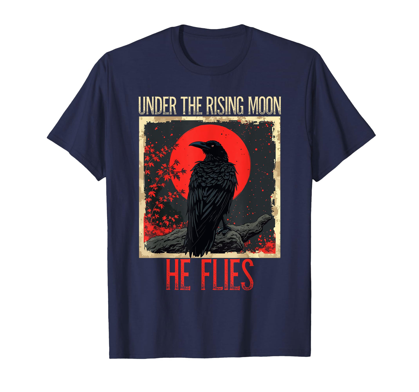 Under The Rising Moon Japanese Bird Black Raven Vintage T-Shirt