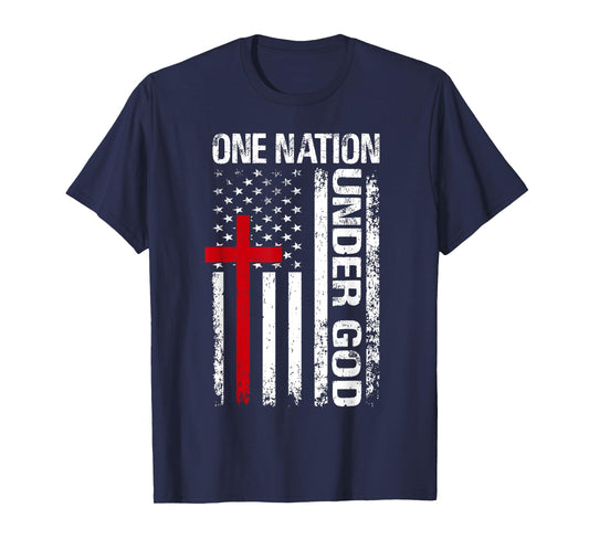 One Nation Under Vintage God Cross Christian American Flag T-Shirt