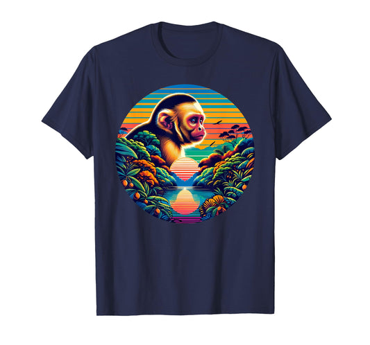 Capuchin Monkey Sunset Retro Style Safari Vintage 70s T-Shirt