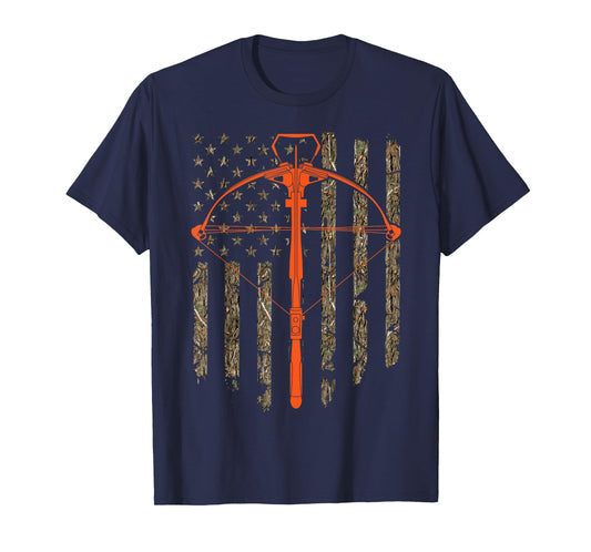 Crossbow Archery Bow Hunting Camo American Flag Distressed T-Shirt for Women Men