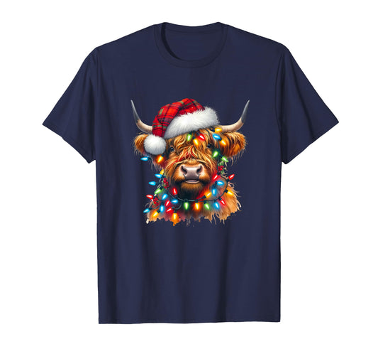 Highland Cow Christmas Xmas Santa Wooly Farm Animal Kids T-Shirt