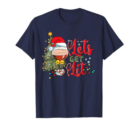 Christmas Tree Santa Hat Funny Let's Get Lit Xmas Season T-Shirt