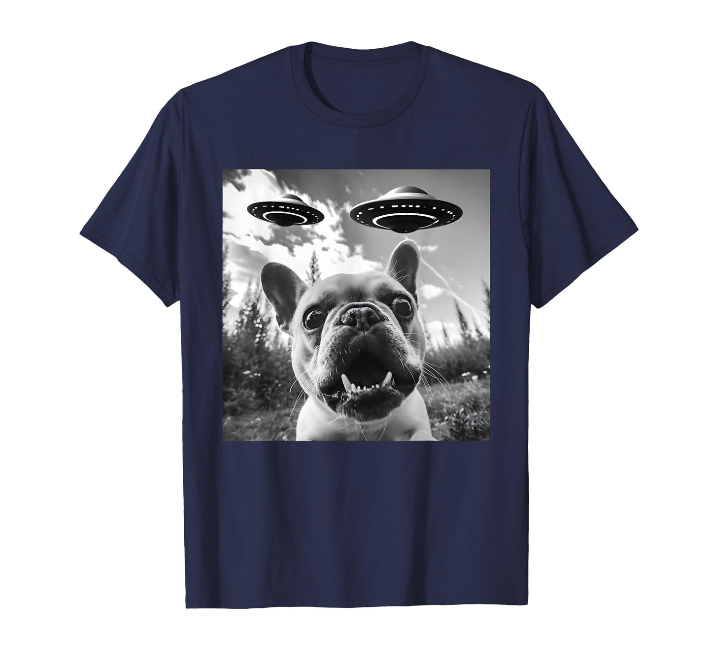 Funny French Bulldog Selfie with UFO Men Graphic T-Shirt