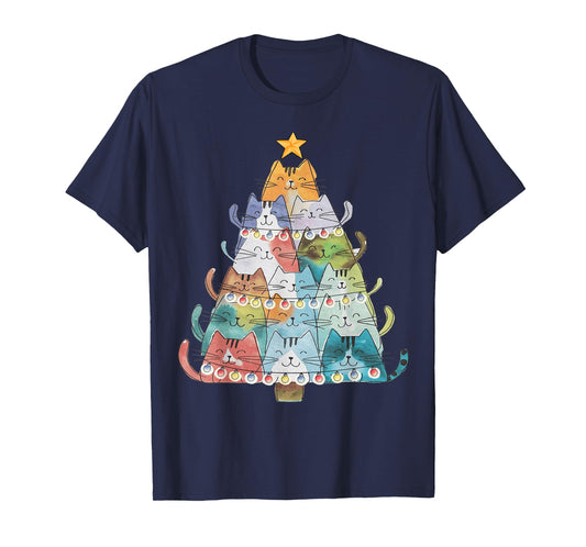 Funny Cat Christmas Tree Xmas Cat Lover Cat Graphic T-Shirt for Men Women Kids