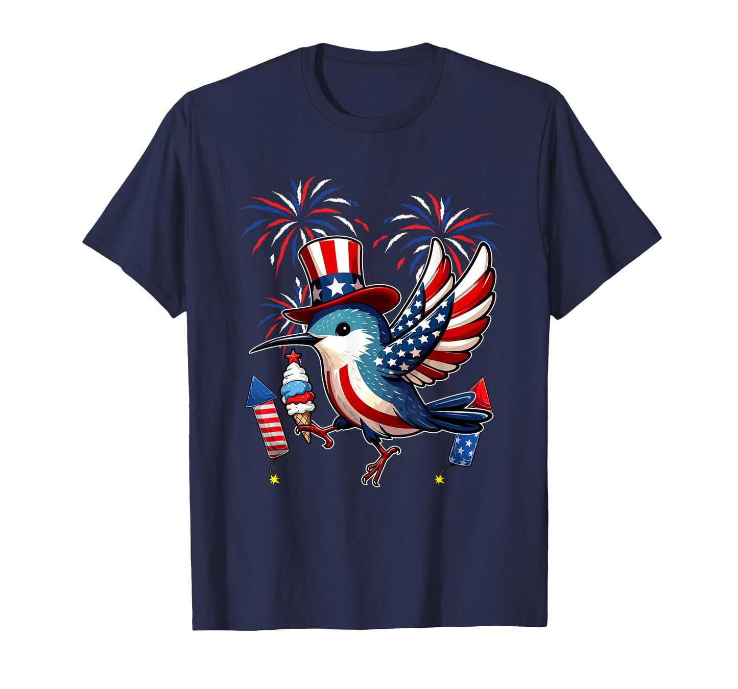 Hummingbird Sunglasses Eating Ice Cream 4th July US Flag T-Shirt