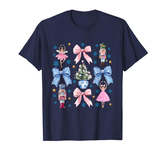 Coquette Pink Blue Bow Nutcracker Xmas Merry Christmas T-Shirt