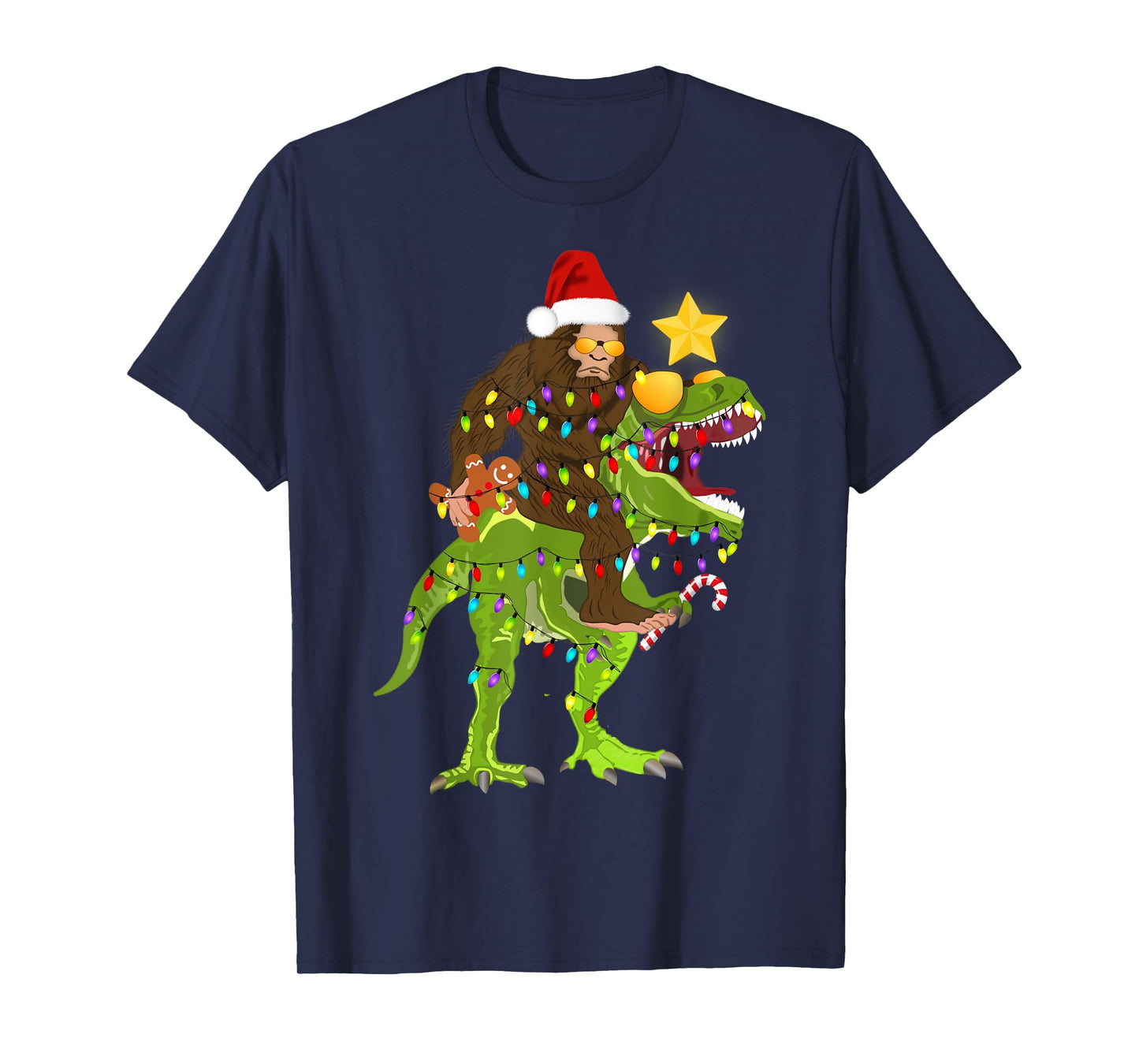 Xmas Tree Rex Yeti Bigfoot Sasquatch Riding Dinosaur T Rex T-Shirt