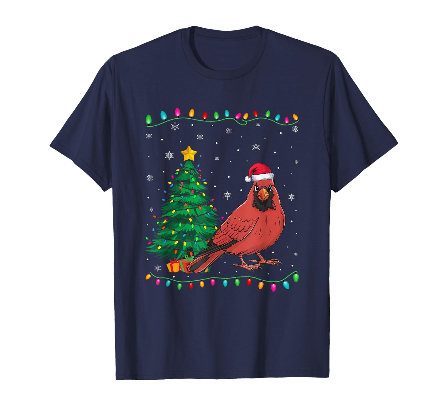 Cardinal Bird Santa Hat Men Women Kids Christmas Tree Lights T-Shirt