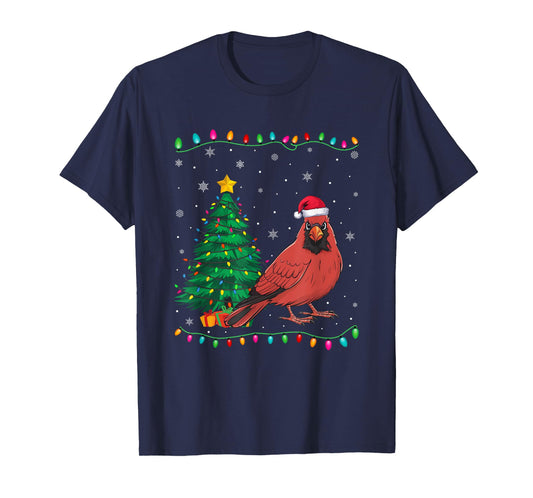 Cardinal Bird Santa Hat Men Women Kids Christmas Tree Lights T-Shirt