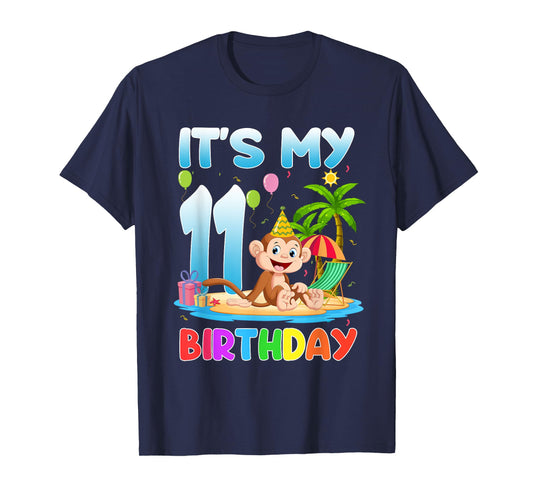It's My 11th Birthday Summer Monkey 11 Year Old Bday Party K Men Women Kids T-Shirt