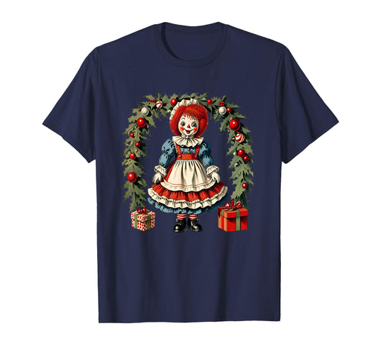 X-mas Children's Cloth Rag Doll Story Raggedy Ann Christmas Wreath and Presents T-Shirt