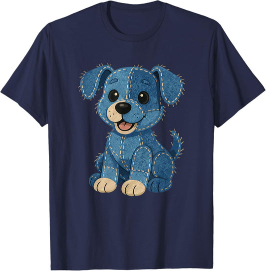 Cute Dog Cartoon Vintage Denim Patchwork Denim Patch Art T-Shirt