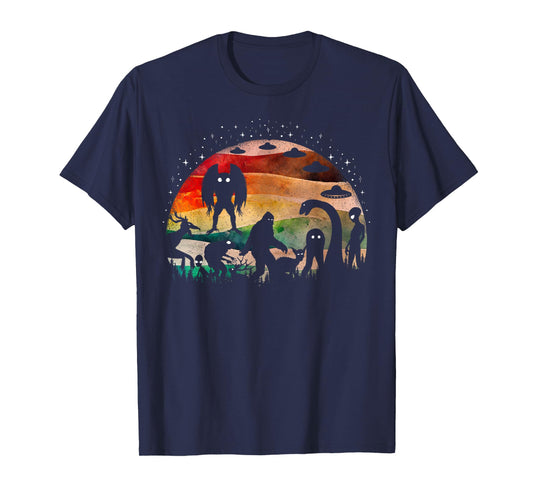 Retro Cryptid Funny Bigfoot Mothman And Aliens Cryptozoology T-Shirt