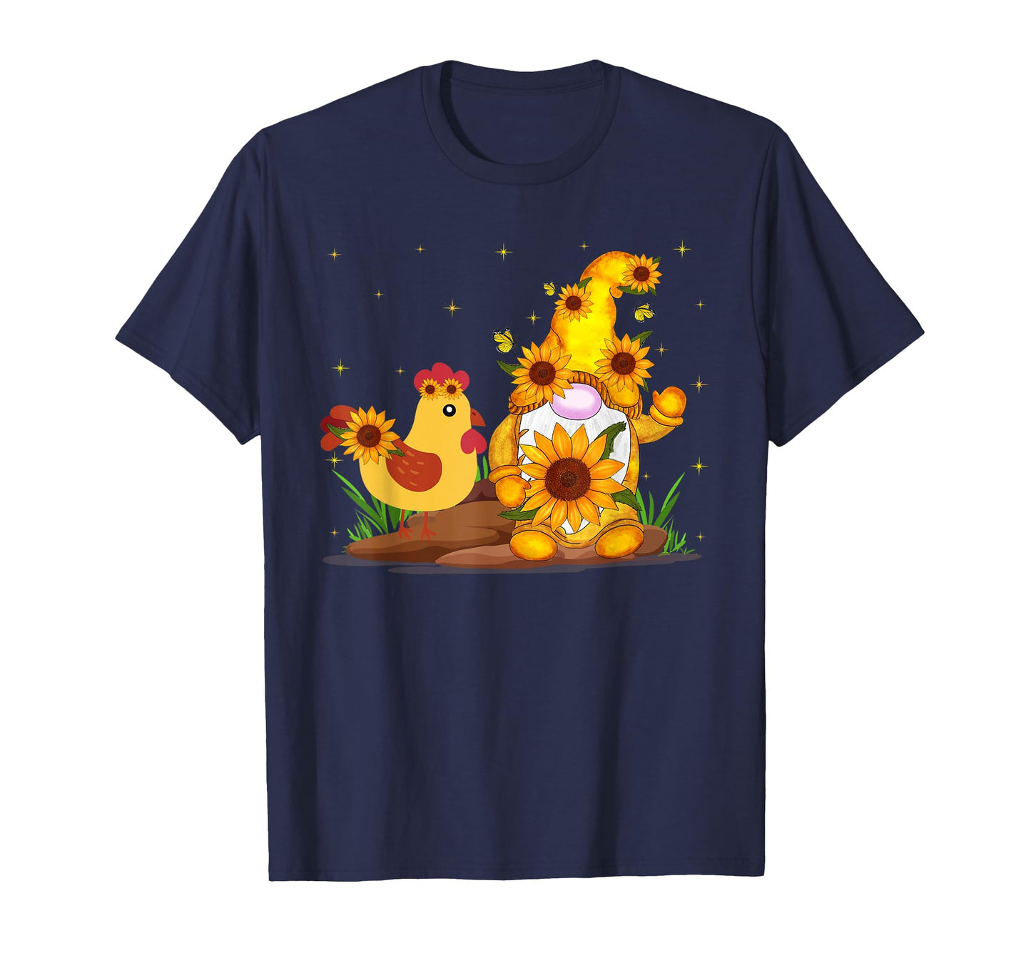 Cute Gnome And Chicken Sunflower Funny Gnome Chicken Farmer T-Shirt