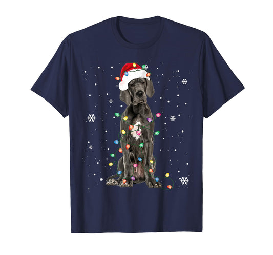 Great Dane Christmas Santa Hat Fairy Lights Pajama Dog Lover T-Shirt