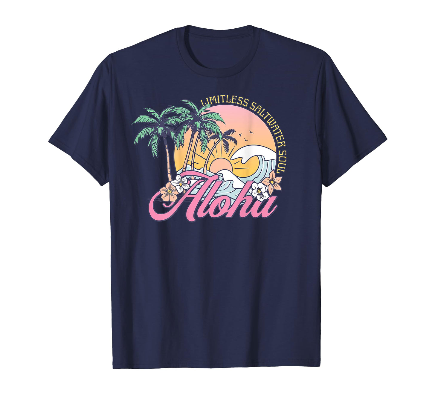 Retro Aloha Sunset Palm Trees Tropical Flowers Surfing Waves T-Shirt