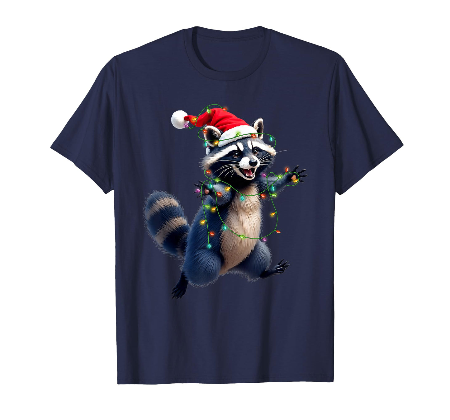 Funny Racoon Santa Hat Christmas Tree Lights Xmas PJS Kids T-Shirt