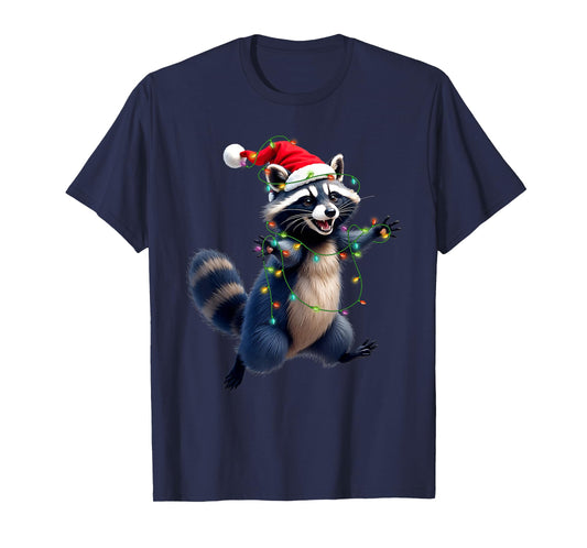 Funny Racoon Santa Hat Christmas Tree Lights Xmas PJS Kids T-Shirt