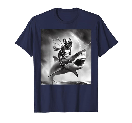 Funny Dog French Bulldog Riding a Shark in Tornado Meme T-Shirt