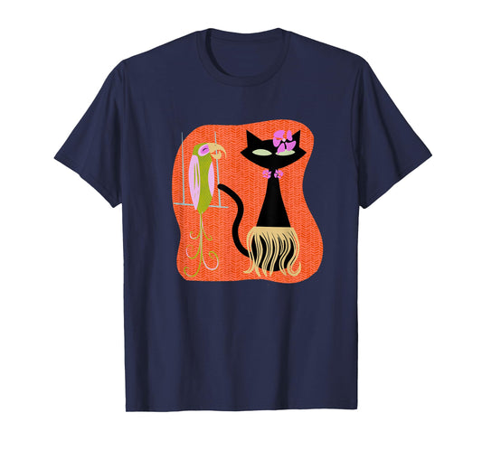 Hawaiian Hula Cat with Tropical Tiki Bird and Hibiscus Flowe T-Shirt