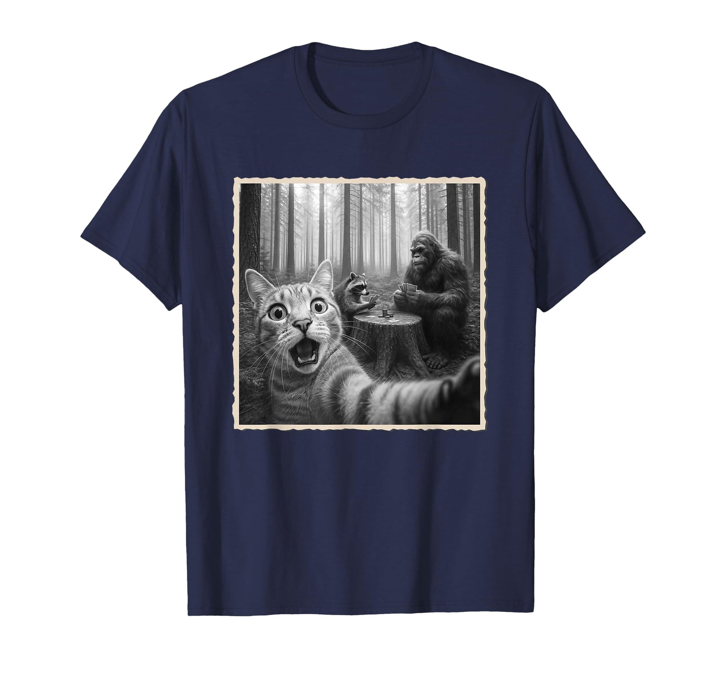 Cat Selfie With Bigfoot & Raccoon | Funny Scared Cat T-Shirt